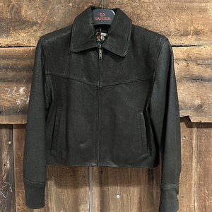 Women’s brown leather jacket by Danier leather. small leopard print. Petite size